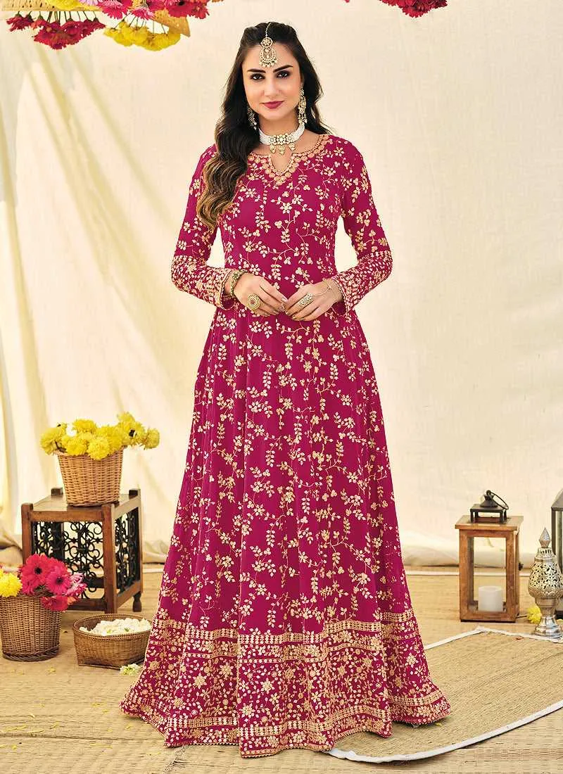 Magenta and Gold Heavy Embroidered Kalidar Anarkali