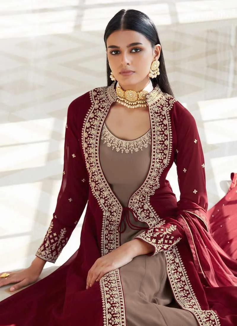 Maroon and Grey Heavy Embroidered Jacket Style Suit