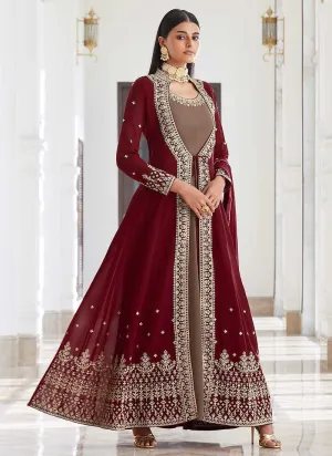 Maroon and Grey Heavy Embroidered Jacket Style Suit