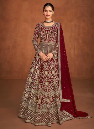 Maroon Heavy Embroidered Designer Gown Style Anarkali
