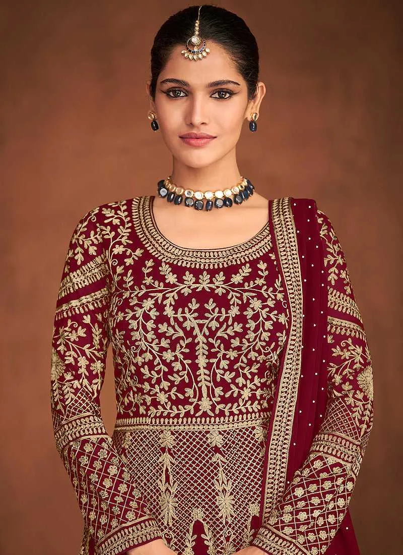 Maroon Heavy Embroidered Designer Gown Style Anarkali