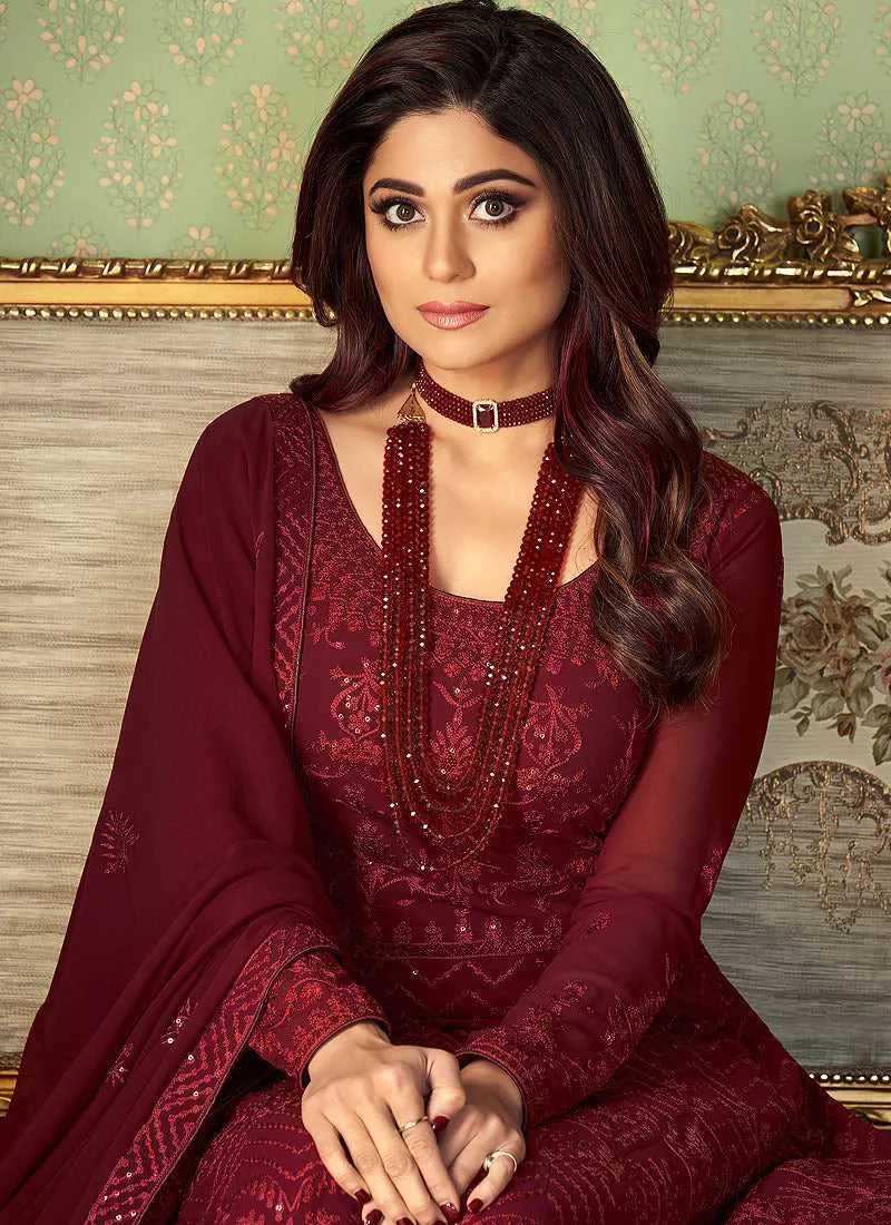 Maroon Heavy Embroidered Kalidar Anarkali Suit