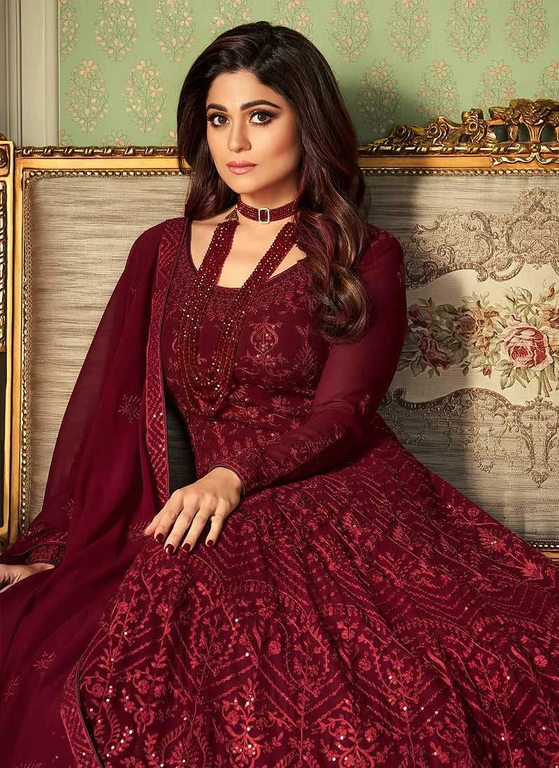 Maroon Heavy Embroidered Kalidar Anarkali Suit
