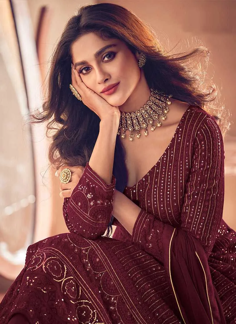 Maroon Sequin Embroidered Slit Style Lehenga