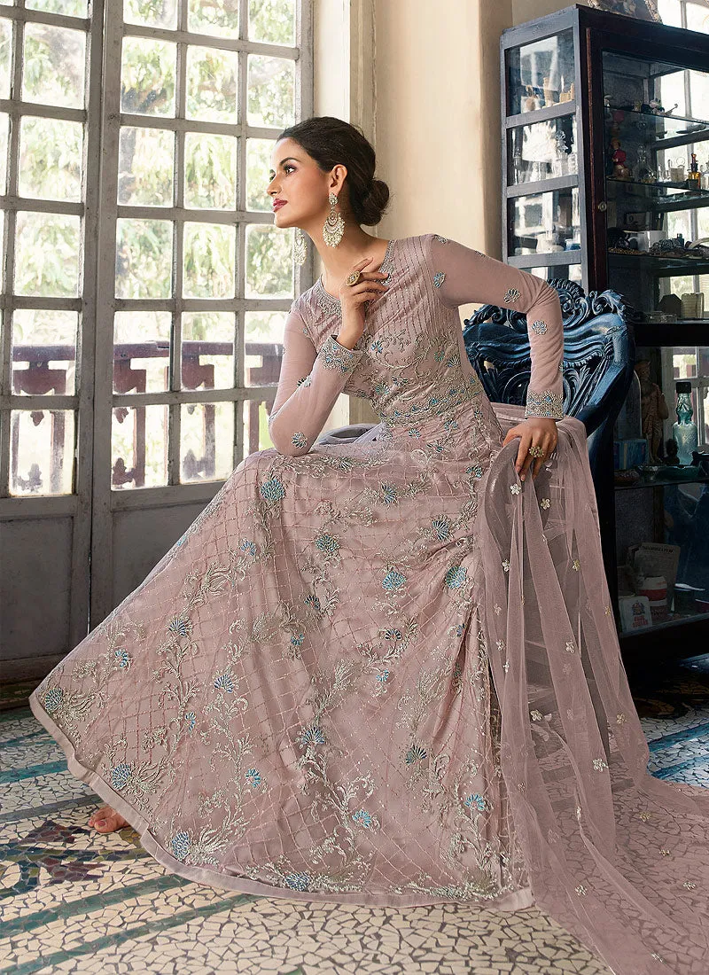 Mauve Floral Heavy Embroidered Gown Style Anarkali