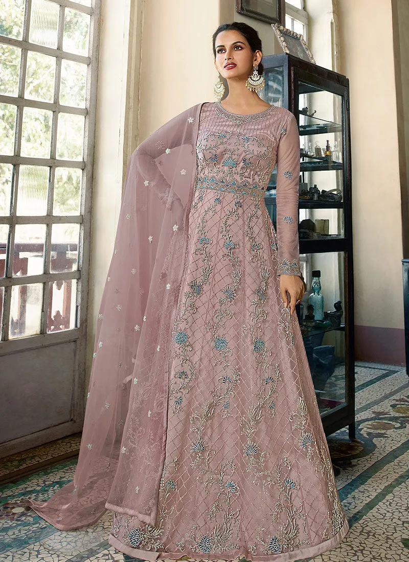 Mauve Floral Heavy Embroidered Gown Style Anarkali