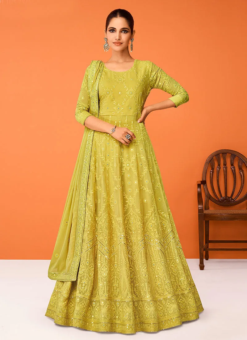 Mehendi Embroidered Floor touch Kalidar Anarkali