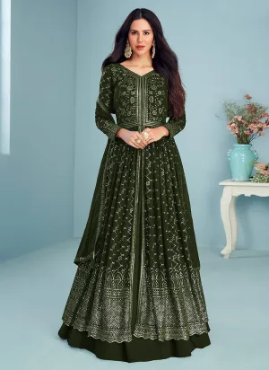 Mehendi Green Sequins Embroidered Kalidar Anarkali