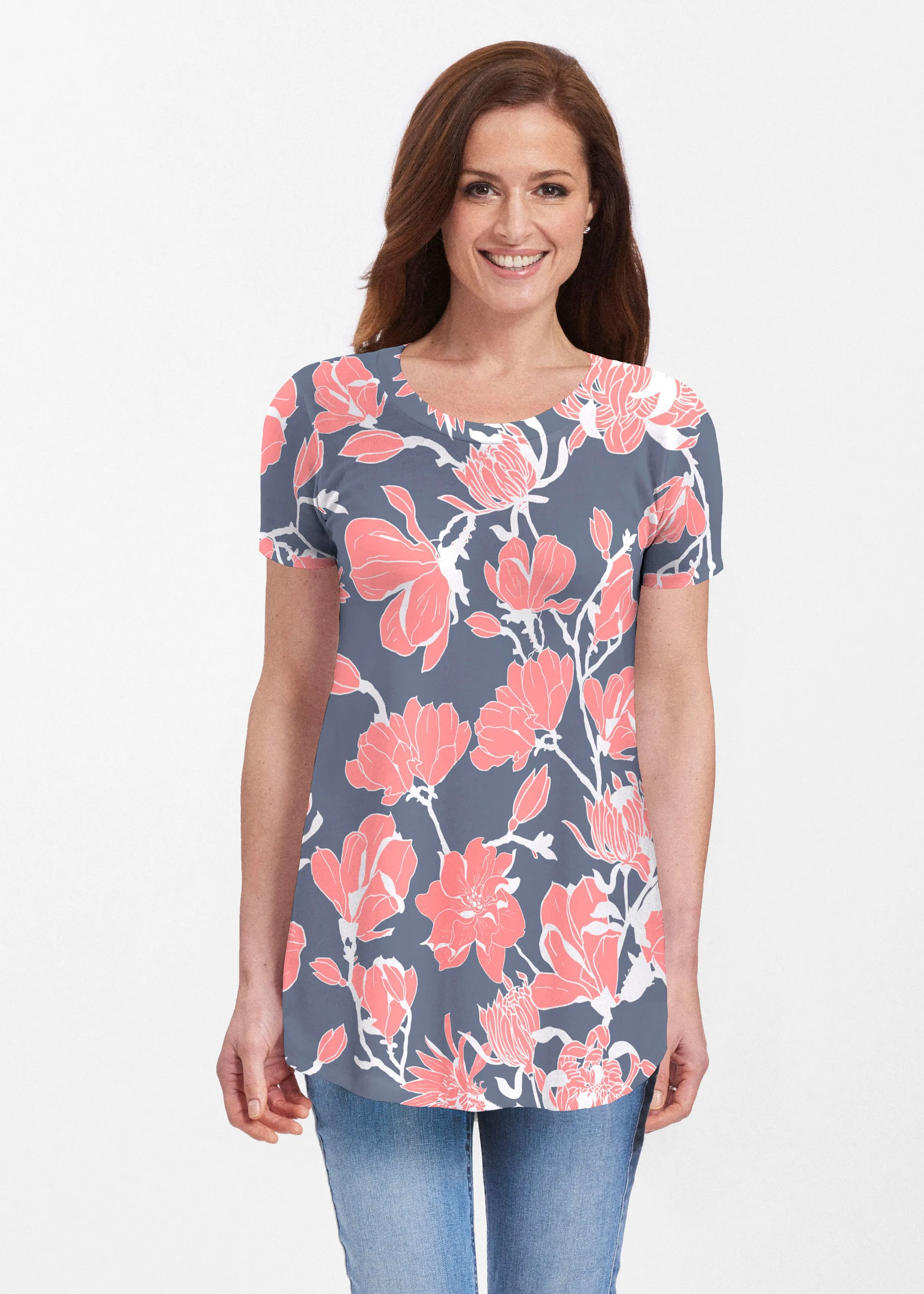 Melina Blooms Navy (7721) ~ Butterknit Short Sleeve Tunic