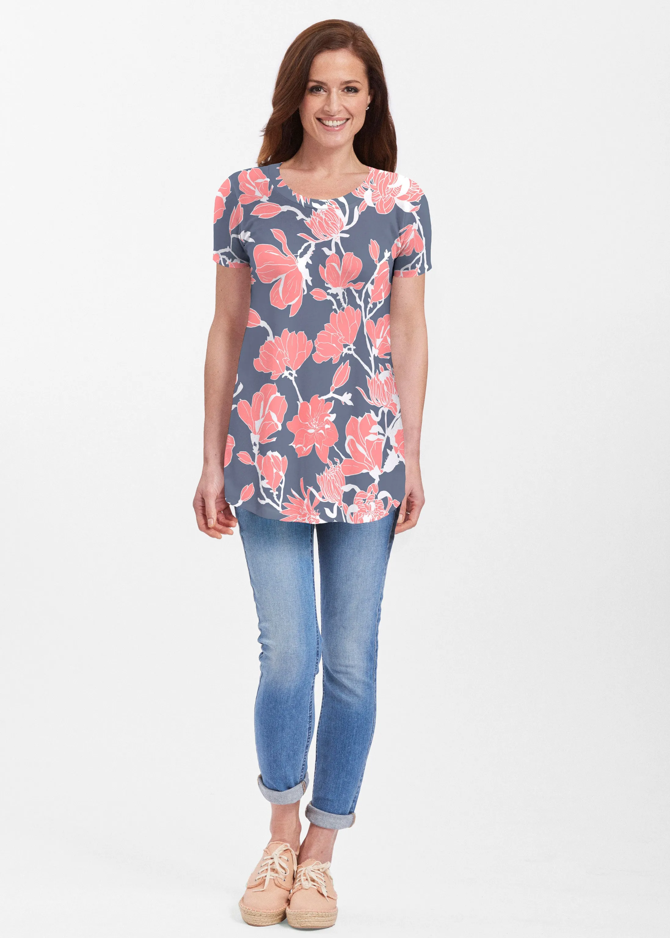 Melina Blooms Navy (7721) ~ Butterknit Short Sleeve Tunic