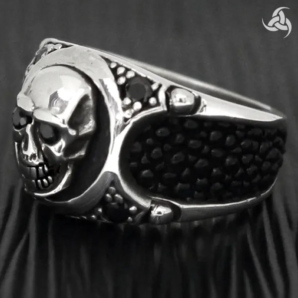 Mens Biker Ring Skull Stingray Inlay Sterling Silver