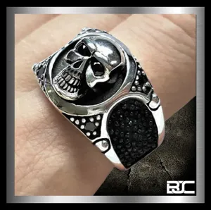 Mens Biker Ring Skull Stingray Inlay Sterling Silver
