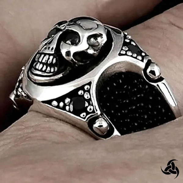 Mens Biker Ring Skull Stingray Inlay Sterling Silver