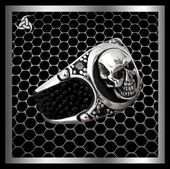 Mens Biker Ring Skull Stingray Inlay Sterling Silver