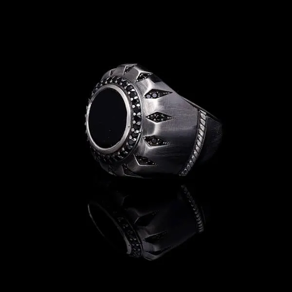Men’s Sterling Silver Round Black Stone Ring