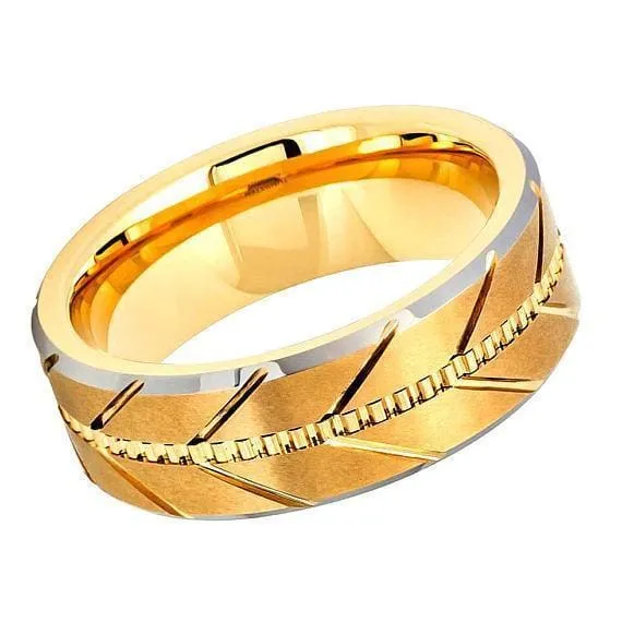 Mens Tungsten Ring Rose Gold Brushed Center Beveled Edge Zipper Grooved Center - 8mm