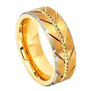Mens Tungsten Ring Rose Gold Brushed Center Beveled Edge Zipper Grooved Center - 8mm