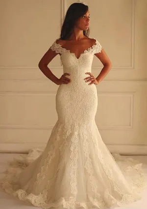 Mermaid Off Shoulder Chapel Train Lace Wedding Dress
