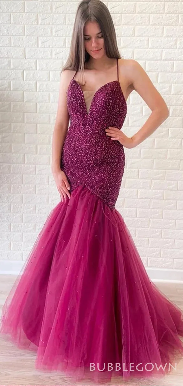 Mermaid Tulle Beaded Spaghetti Straps Long Evening Prom Dresses, MR8168