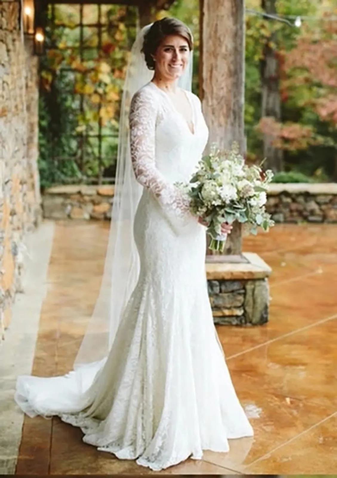 Mermaid V Neck Sweep Train Long Sleeve Lace Wedding Dress