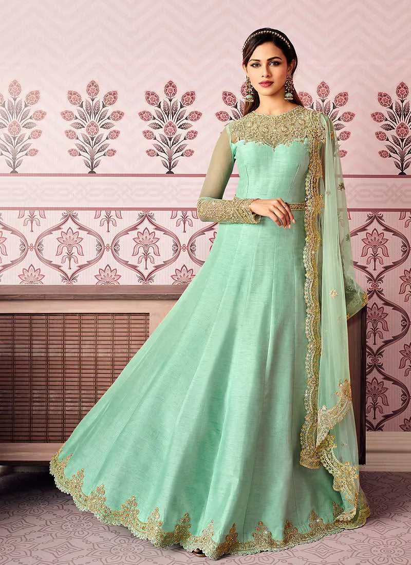 Mint Green Floral Embroidered Designer Floor Touch Anarkali