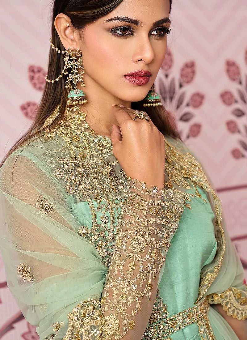 Mint Green Floral Embroidered Designer Floor Touch Anarkali
