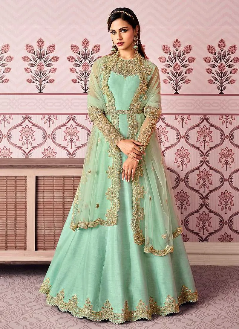 Mint Green Floral Embroidered Designer Floor Touch Anarkali