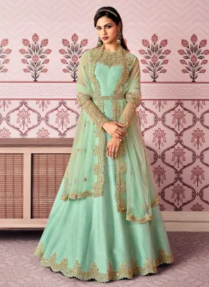 Mint Green Floral Embroidered Designer Floor Touch Anarkali