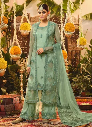 Mint Green Heavy Embroidered Jacket Style Suit
