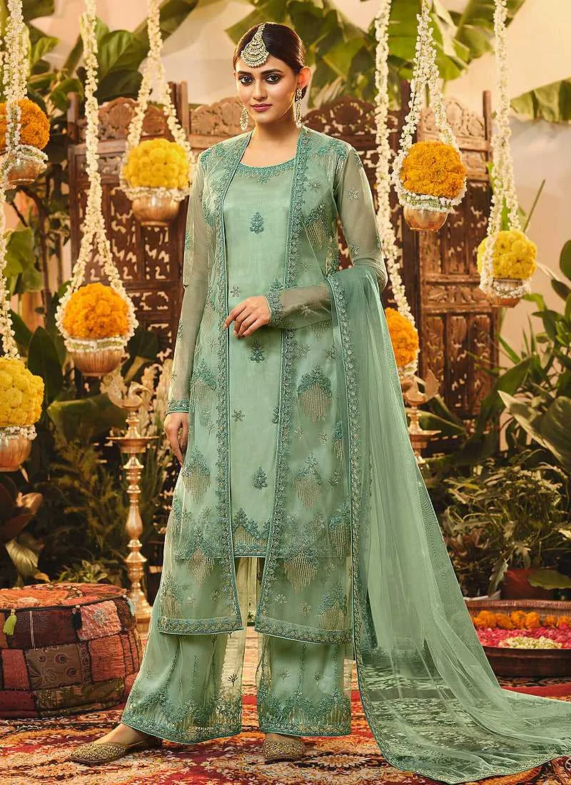 Mint Green Heavy Embroidered Jacket Style Suit