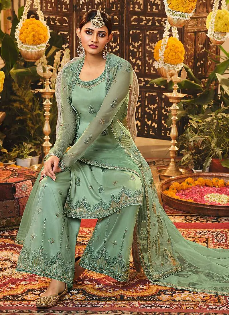 Mint Green Heavy Embroidered Jacket Style Suit