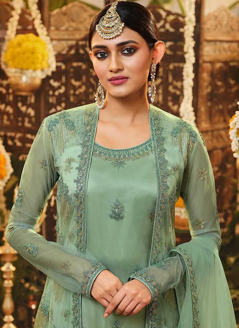 Mint Green Heavy Embroidered Jacket Style Suit