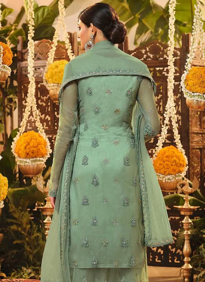 Mint Green Heavy Embroidered Jacket Style Suit