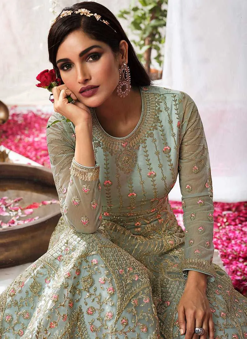 Mint Heavy Embroidered Designer Kalidar Anarkali Suit