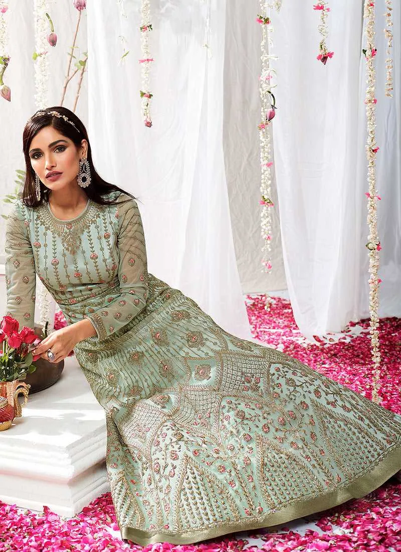 Mint Heavy Embroidered Designer Kalidar Anarkali Suit