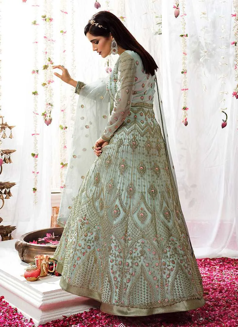 Mint Heavy Embroidered Designer Kalidar Anarkali Suit