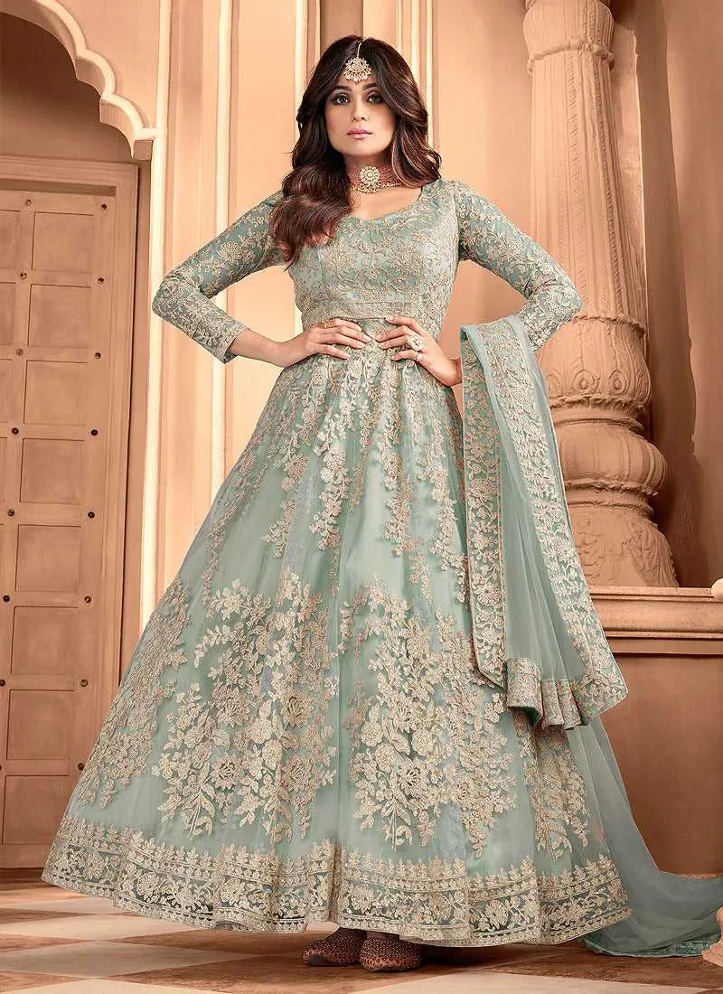 Mint Heavy Embroidered Gown Style Anarkali