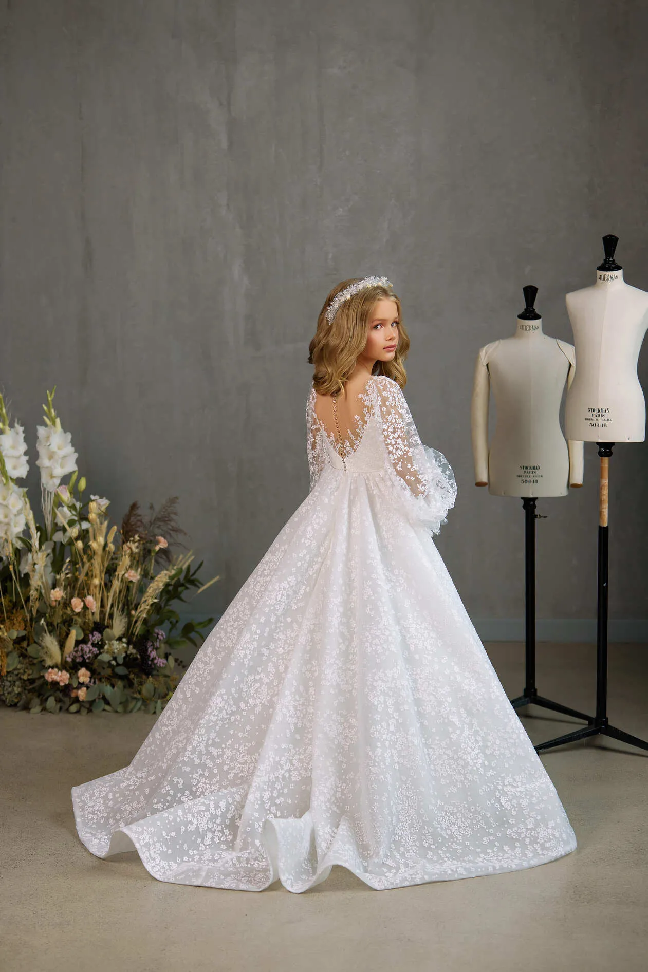 MONTREAL  - ELABORATE COMMUNION DRESS WITH RUFFLED SLEEVES AND LACE DETAIL