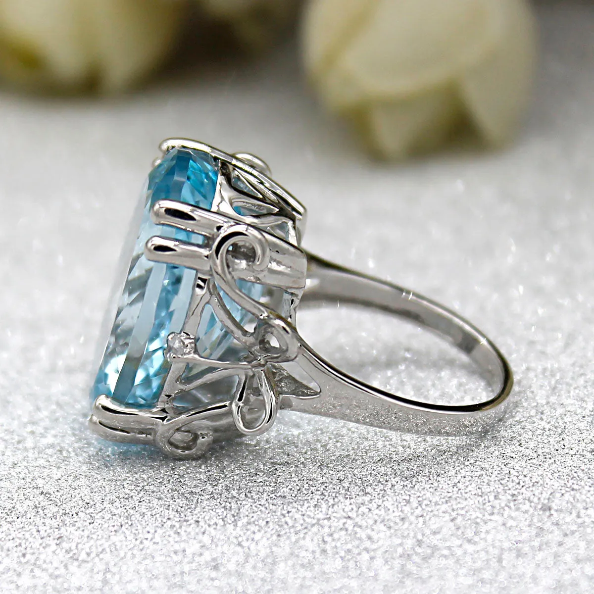 Natural Blue Topaz Oval Cut Huge Statement Ring