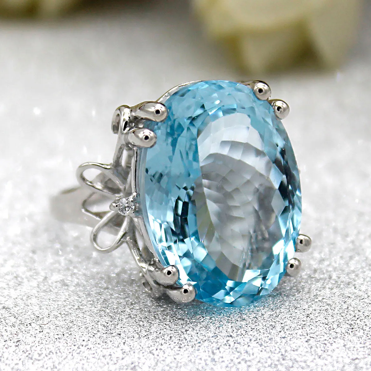 Natural Blue Topaz Oval Cut Huge Statement Ring