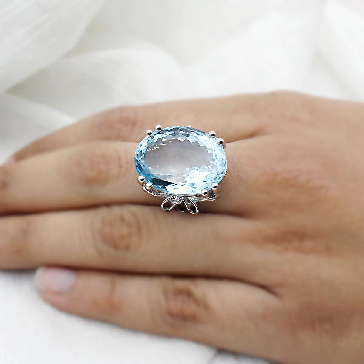 Natural Blue Topaz Oval Cut Huge Statement Ring