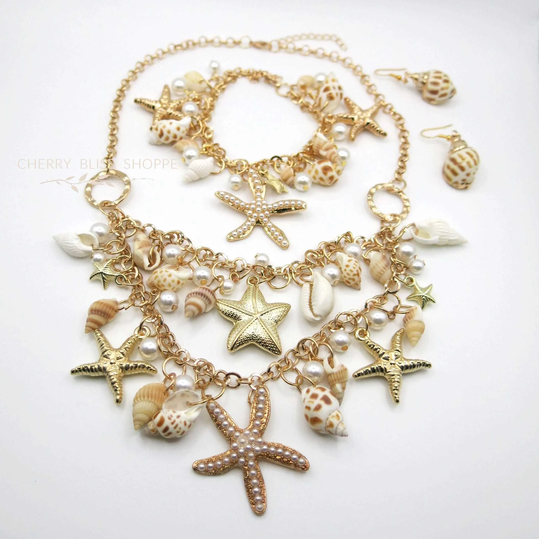 Natural Seashell Necklace and Bracelet, Beach Wedding Pearl and Starfish Bib Necklace, Charm Bracelet