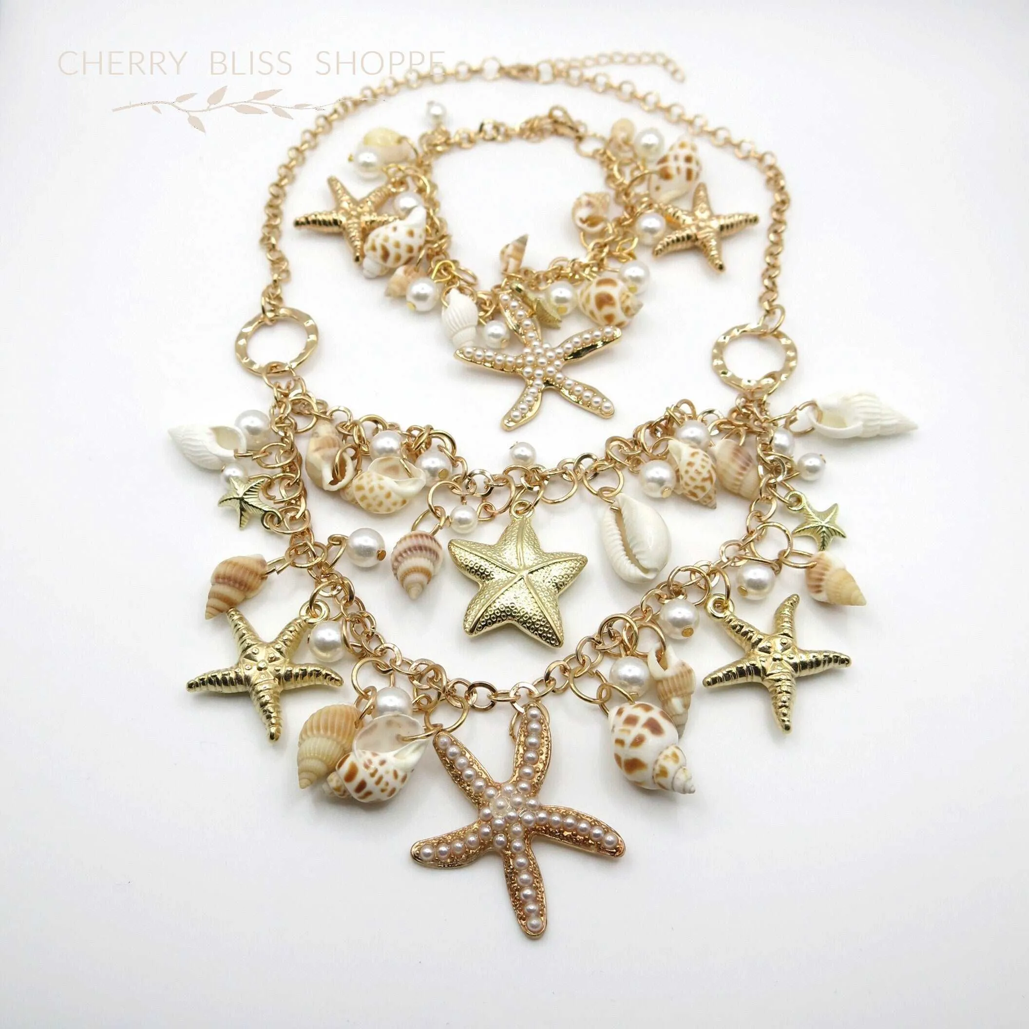 Natural Seashell Necklace and Bracelet, Beach Wedding Pearl and Starfish Bib Necklace, Charm Bracelet