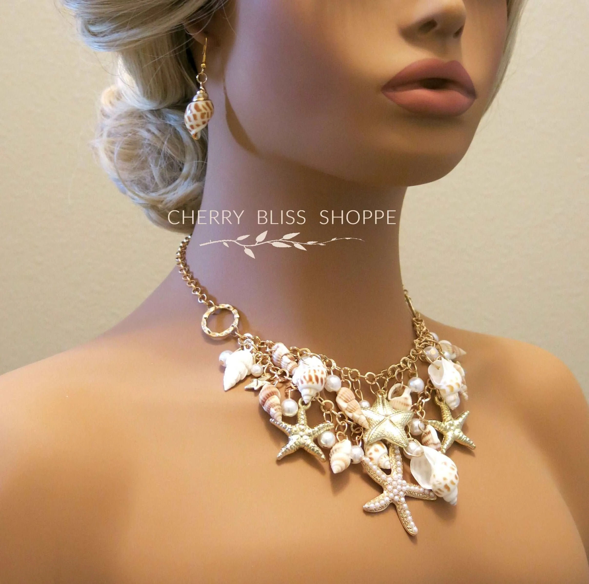 Natural Seashell Necklace and Bracelet, Beach Wedding Pearl and Starfish Bib Necklace, Charm Bracelet