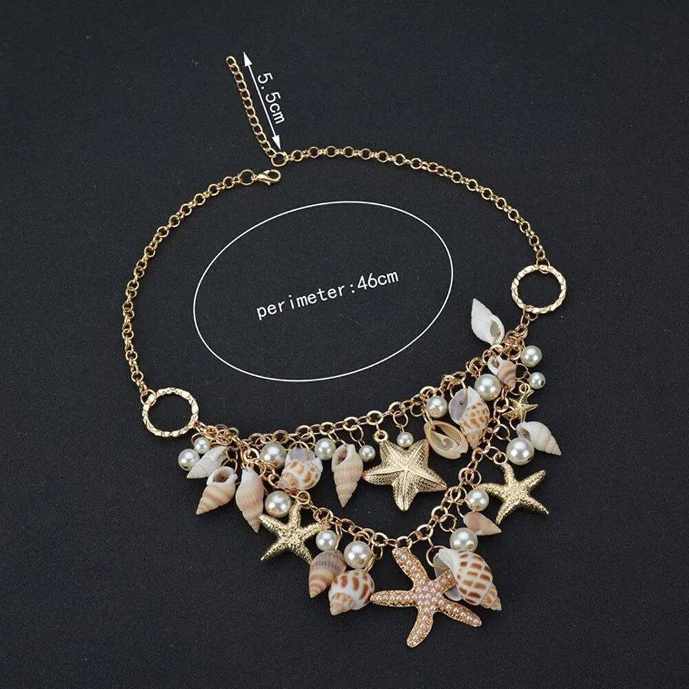 Natural Seashell Necklace and Bracelet, Beach Wedding Pearl and Starfish Bib Necklace, Charm Bracelet