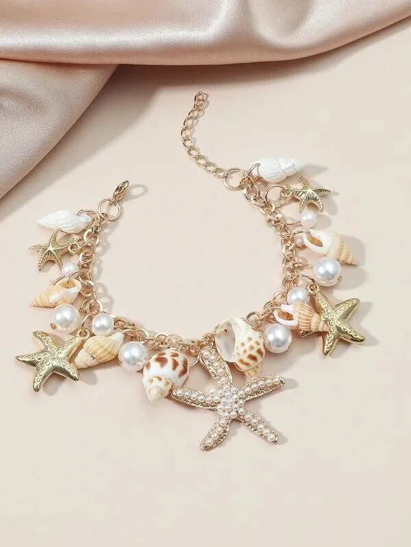 Natural Seashell Necklace and Bracelet, Beach Wedding Pearl and Starfish Bib Necklace, Charm Bracelet