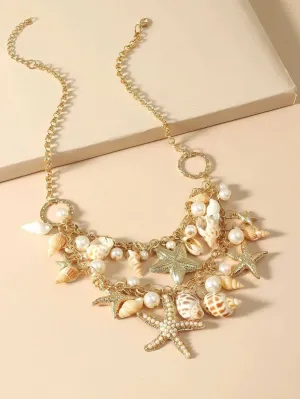 Natural Seashell Necklace and Bracelet, Beach Wedding Pearl and Starfish Bib Necklace, Charm Bracelet