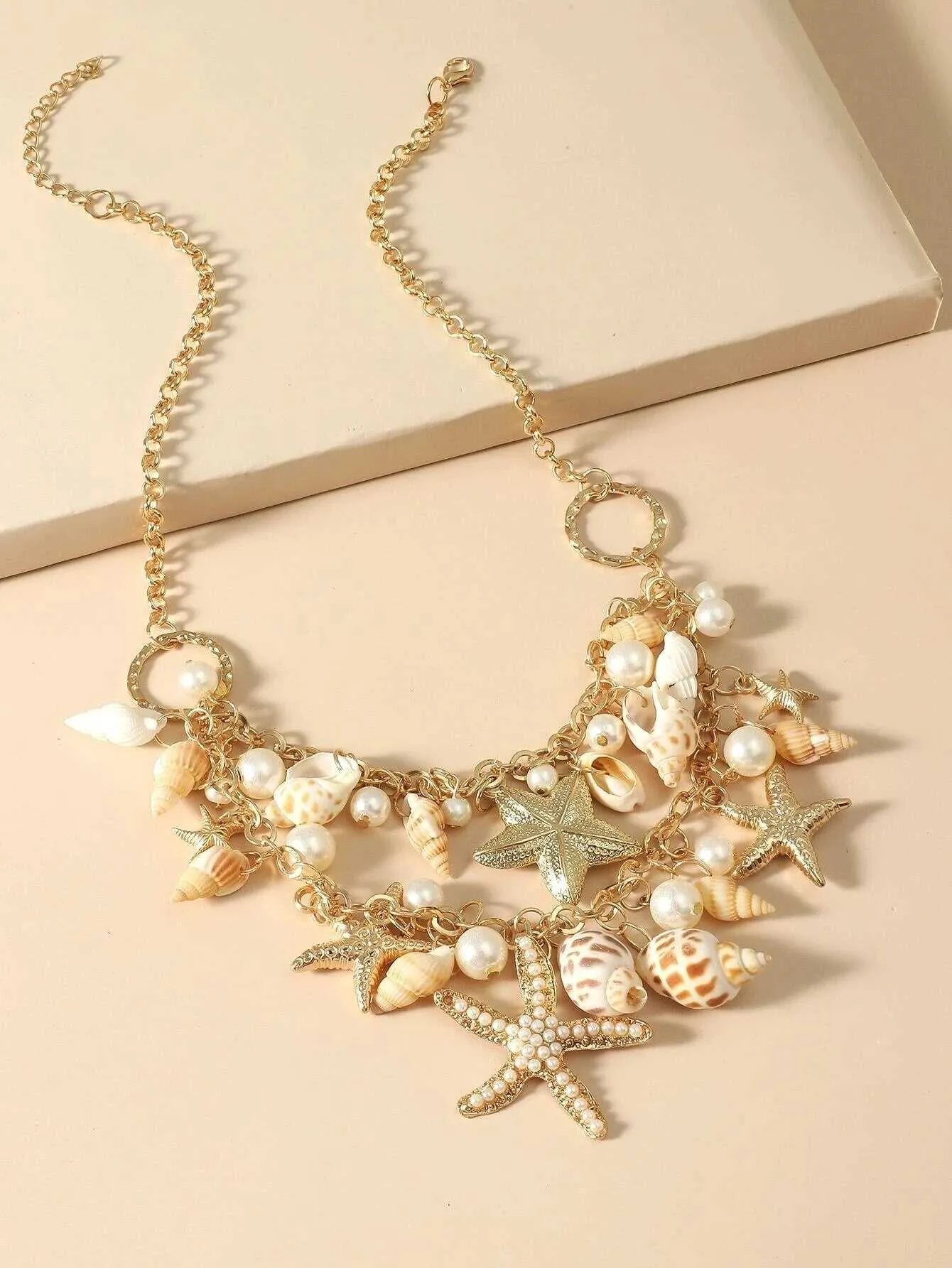 Natural Seashell Necklace and Bracelet, Beach Wedding Pearl and Starfish Bib Necklace, Charm Bracelet