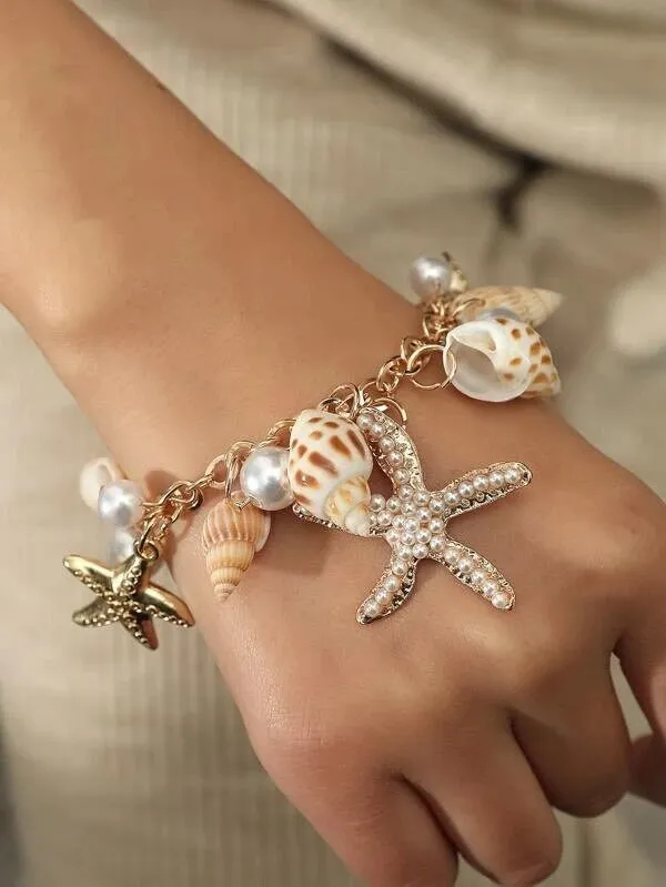 Natural Seashell Necklace and Bracelet, Beach Wedding Pearl and Starfish Bib Necklace, Charm Bracelet
