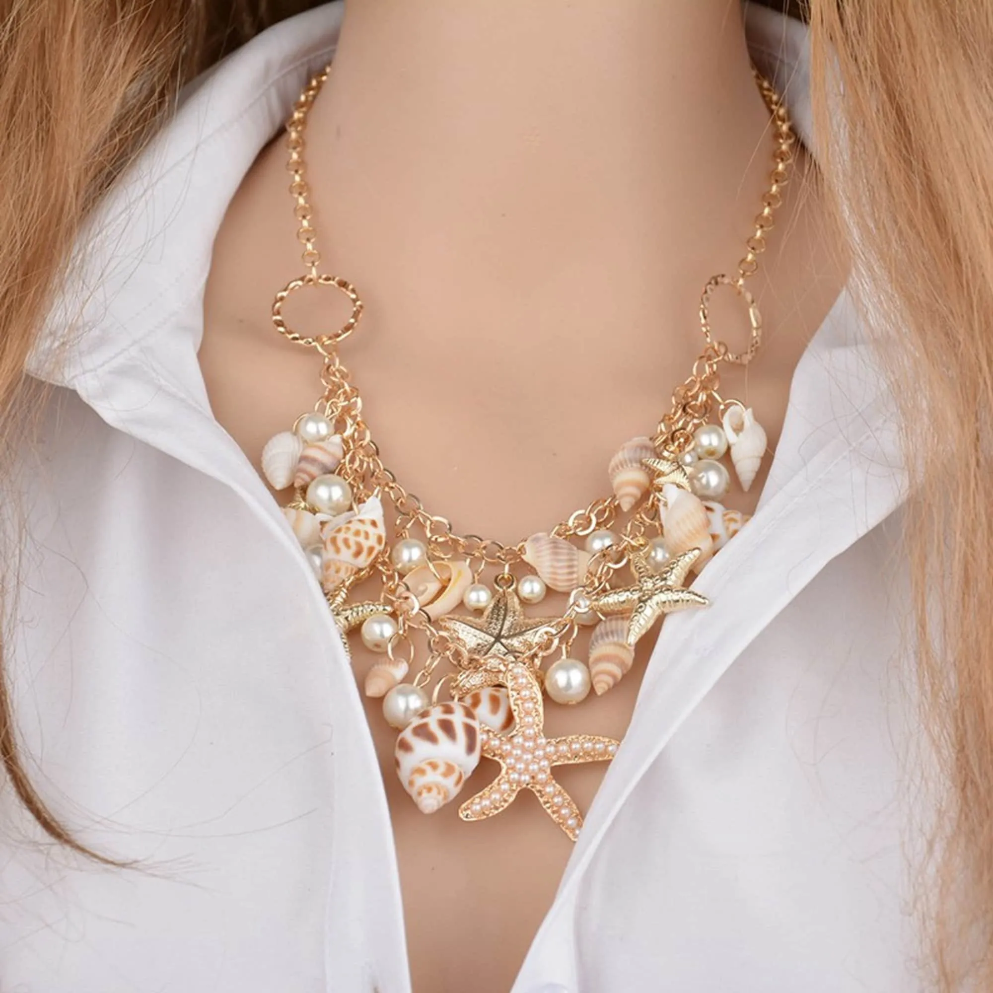 Natural Seashell Necklace and Bracelet, Beach Wedding Pearl and Starfish Bib Necklace, Charm Bracelet